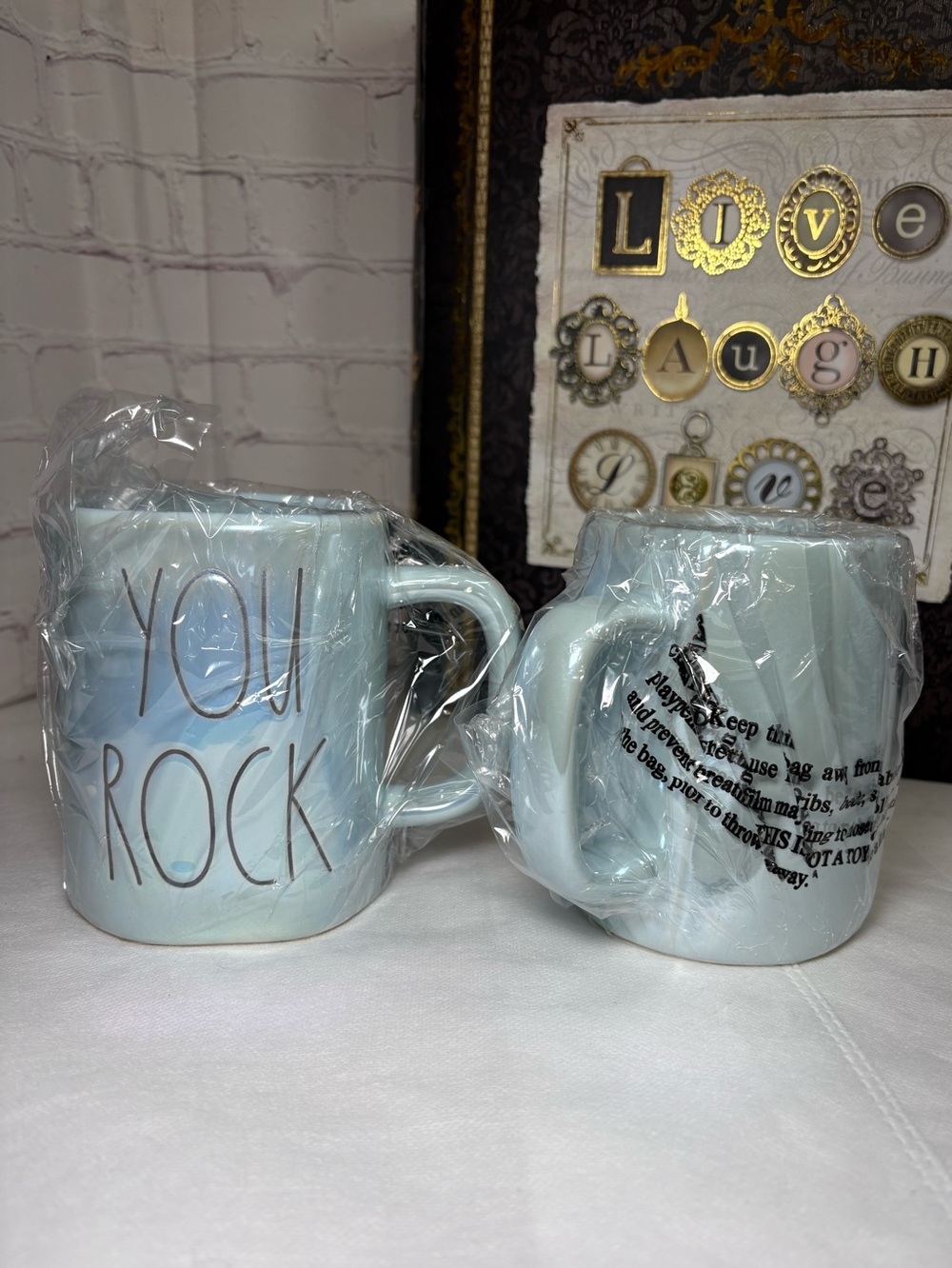 Rae Dunn “You Rock” and “Text Me” Iridescent Light Blue Ceramic Mug Set NIB - Picture 7 of 10